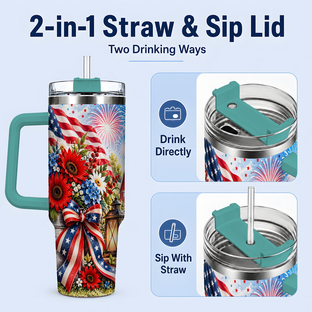 #pl[40oz|Green] Patriotic Floral 40oz Tumbler, Stainless Steel Americana Drinkware