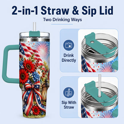 #pl[40oz|Green] Patriotic Floral 40oz Tumbler, Stainless Steel Americana Drinkware