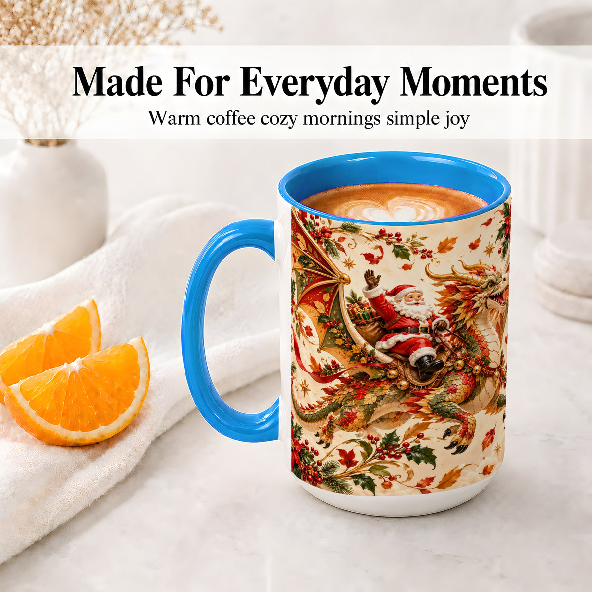 #pl[15oz|Blue] Santa Dragon Christmas Ceramic Mug, Festive Holiday Artwork