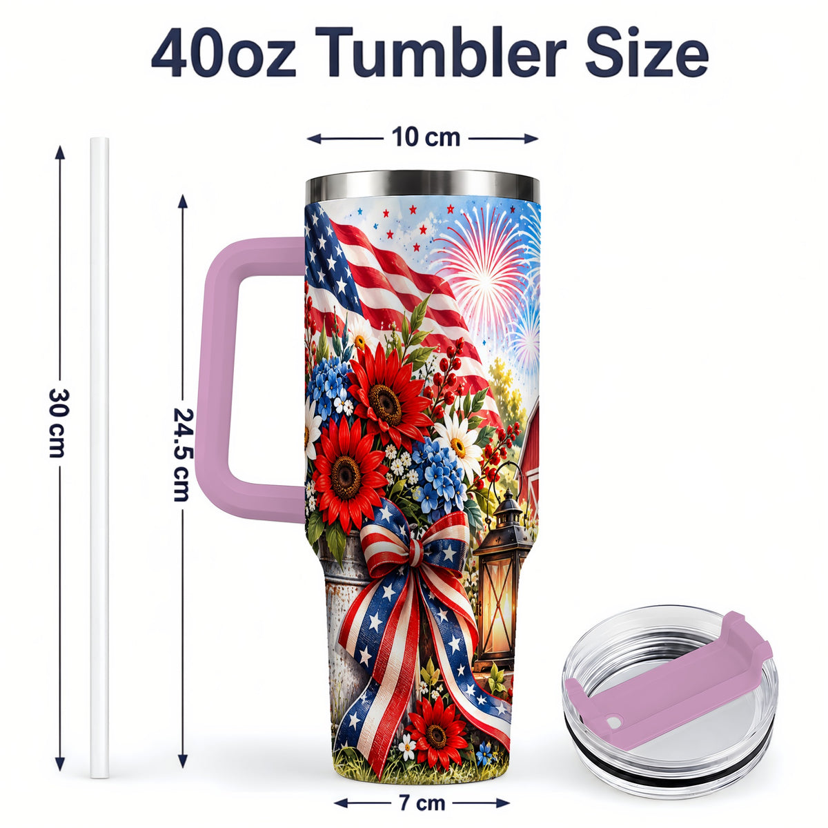 #pl[40oz|Pink] Patriotic Floral 40oz Tumbler, Stainless Steel Americana Drinkware
