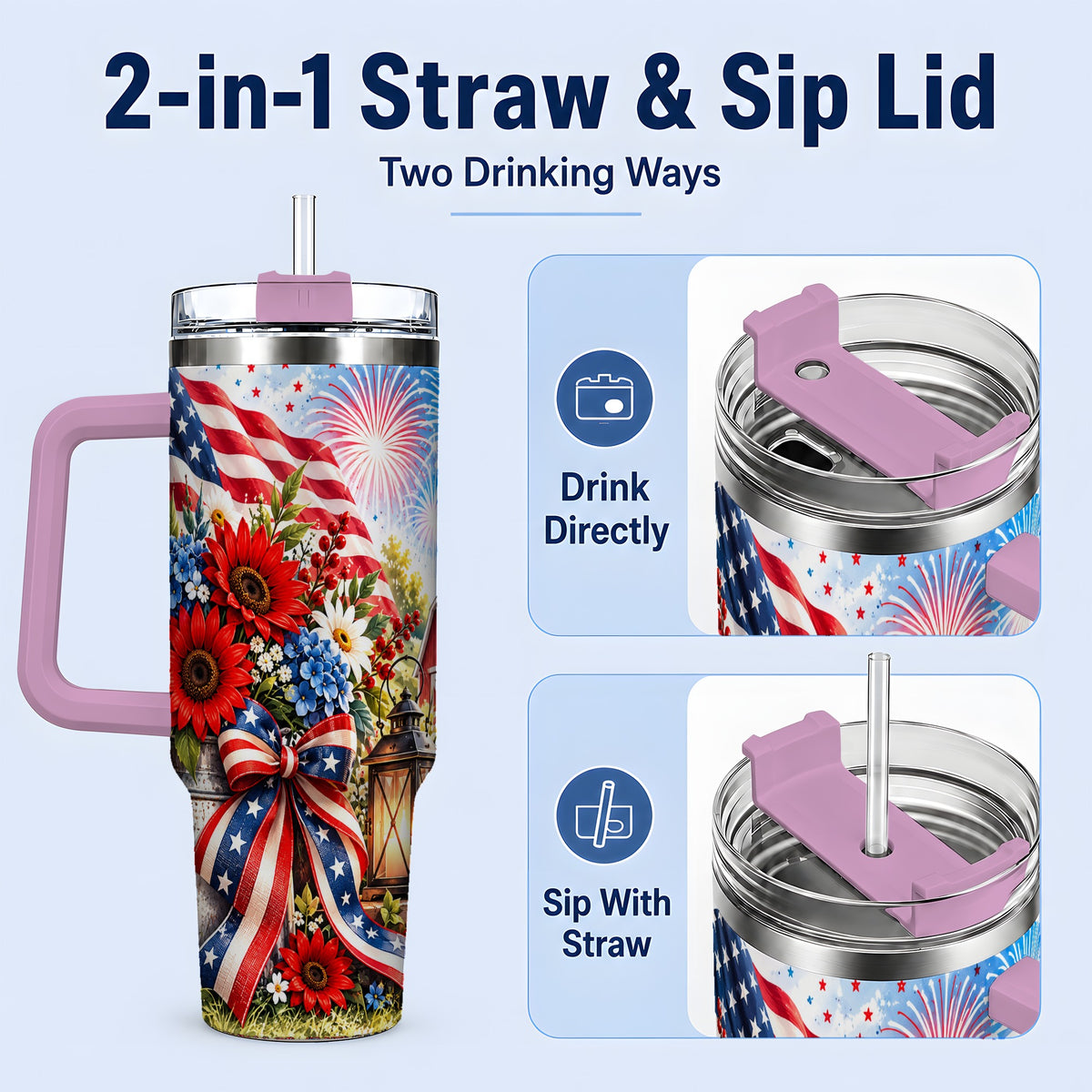 #pl[40oz|Pink] Patriotic Floral 40oz Tumbler, Stainless Steel Americana Drinkware