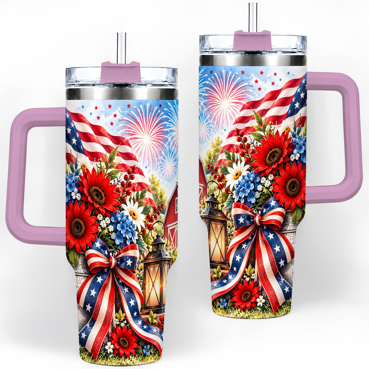 #pl[40oz|Pink] Patriotic Floral 40oz Tumbler, Stainless Steel Americana Drinkware