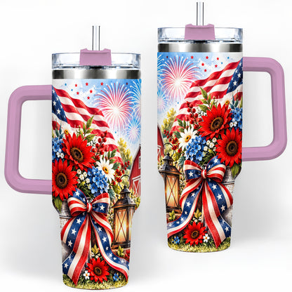 #pl[40oz|Pink] Patriotic Floral 40oz Tumbler, Stainless Steel Americana Drinkware