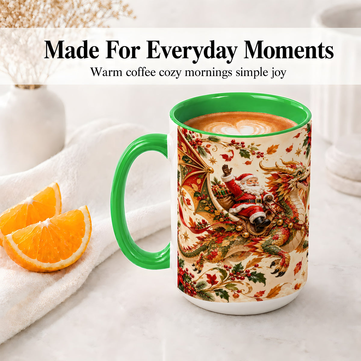 #pl[15oz|Green] Santa Dragon Christmas Ceramic Mug, Festive Holiday Artwork