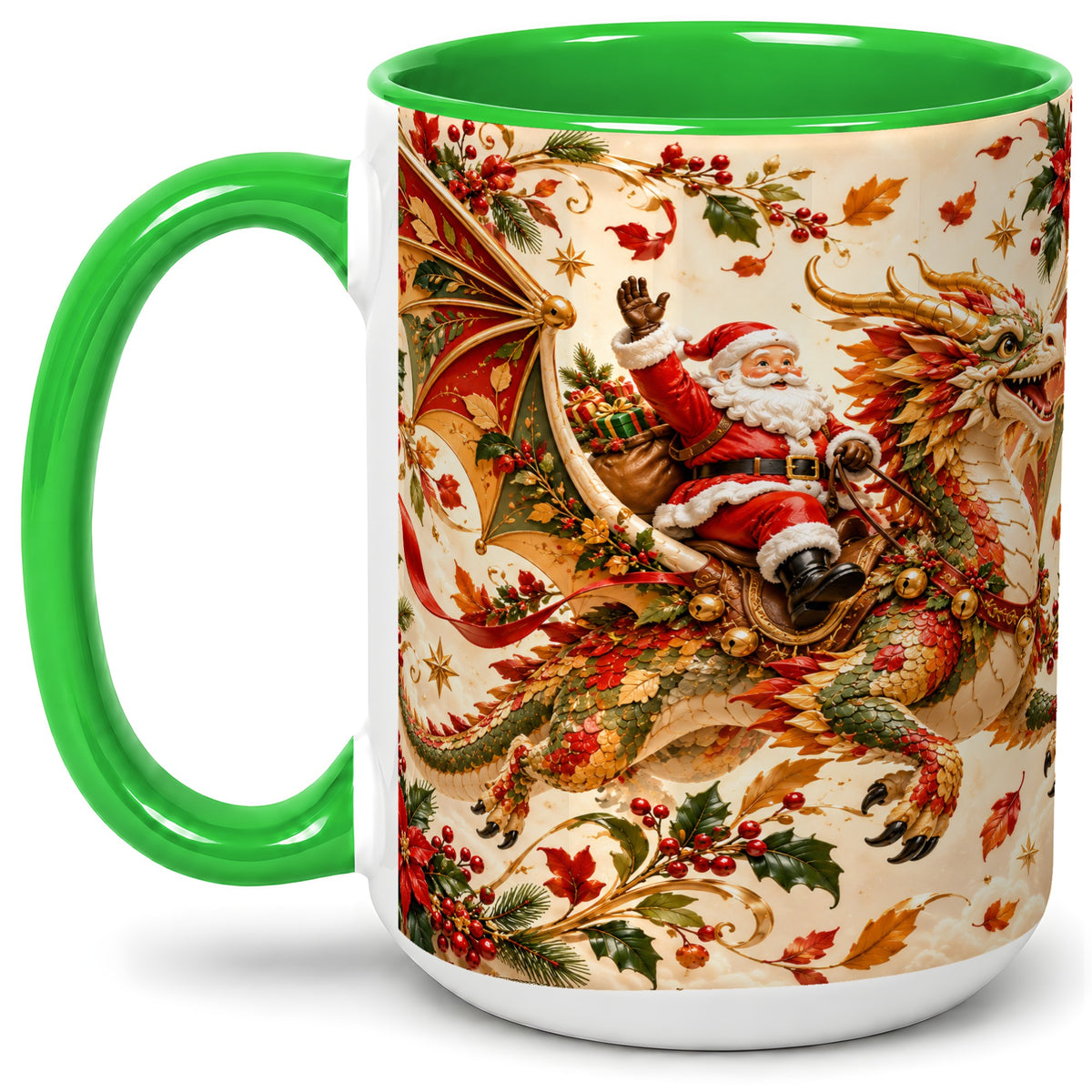 #pl[15oz|Green] Santa Dragon Christmas Ceramic Mug, Festive Holiday Artwork