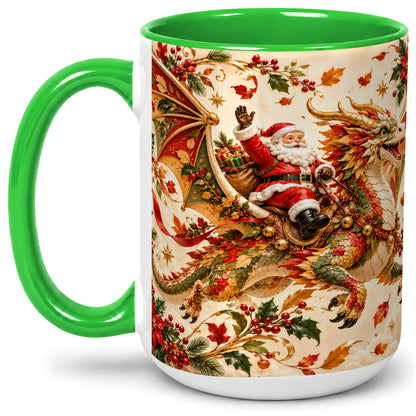 #pl[15oz|Green] Santa Dragon Christmas Ceramic Mug, Festive Holiday Artwork