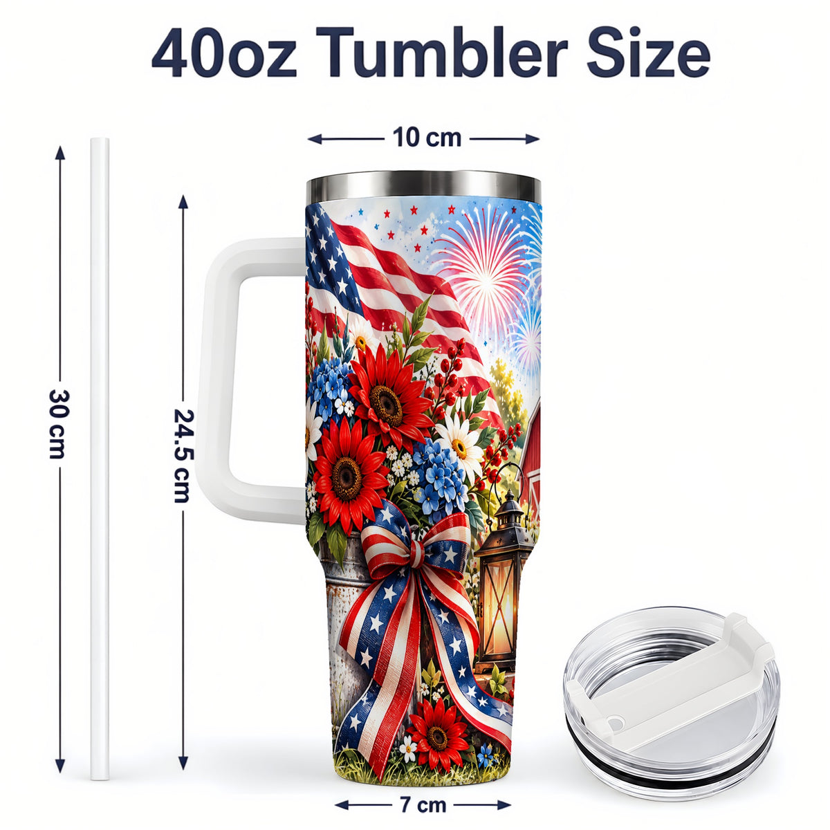#pl[40oz|White] Patriotic Floral 40oz Tumbler, Stainless Steel Americana Drinkware