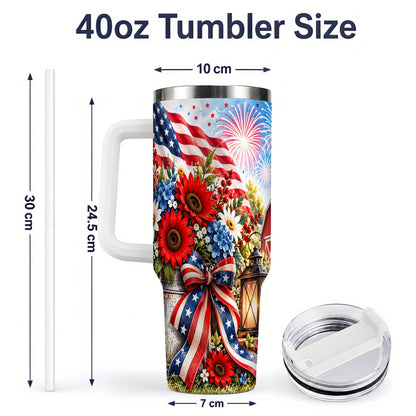 #pl[40oz|White] Patriotic Floral 40oz Tumbler, Stainless Steel Americana Drinkware
