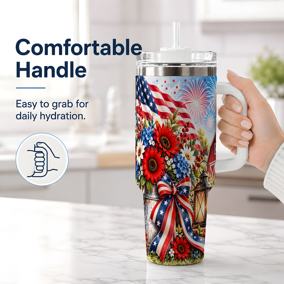 #pl[40oz|White] Patriotic Floral 40oz Tumbler, Stainless Steel Americana Drinkware