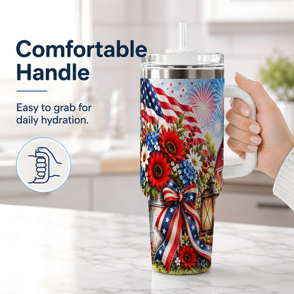 #pl[40oz|White] Patriotic Floral 40oz Tumbler, Stainless Steel Americana Drinkware