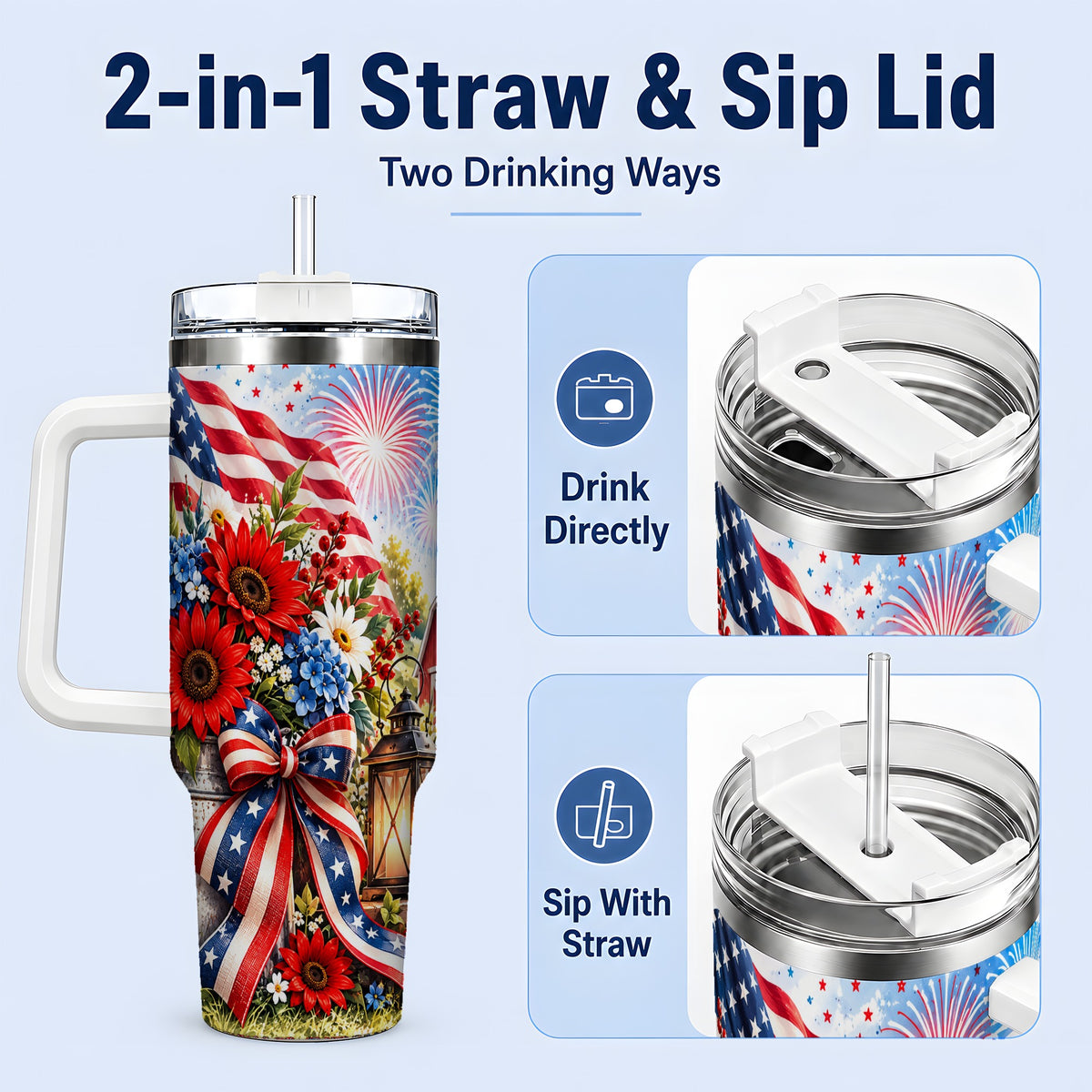 #pl[40oz|White] Patriotic Floral 40oz Tumbler, Stainless Steel Americana Drinkware