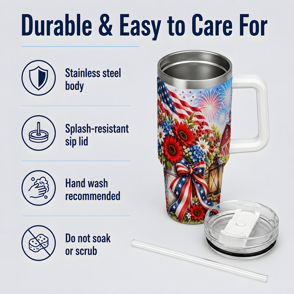 Patriotic Floral 40oz Tumbler, Stainless Steel Americana Drinkware