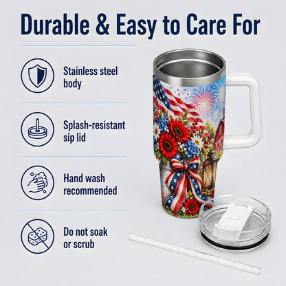 Patriotic Floral 40oz Tumbler, Stainless Steel Americana Drinkware