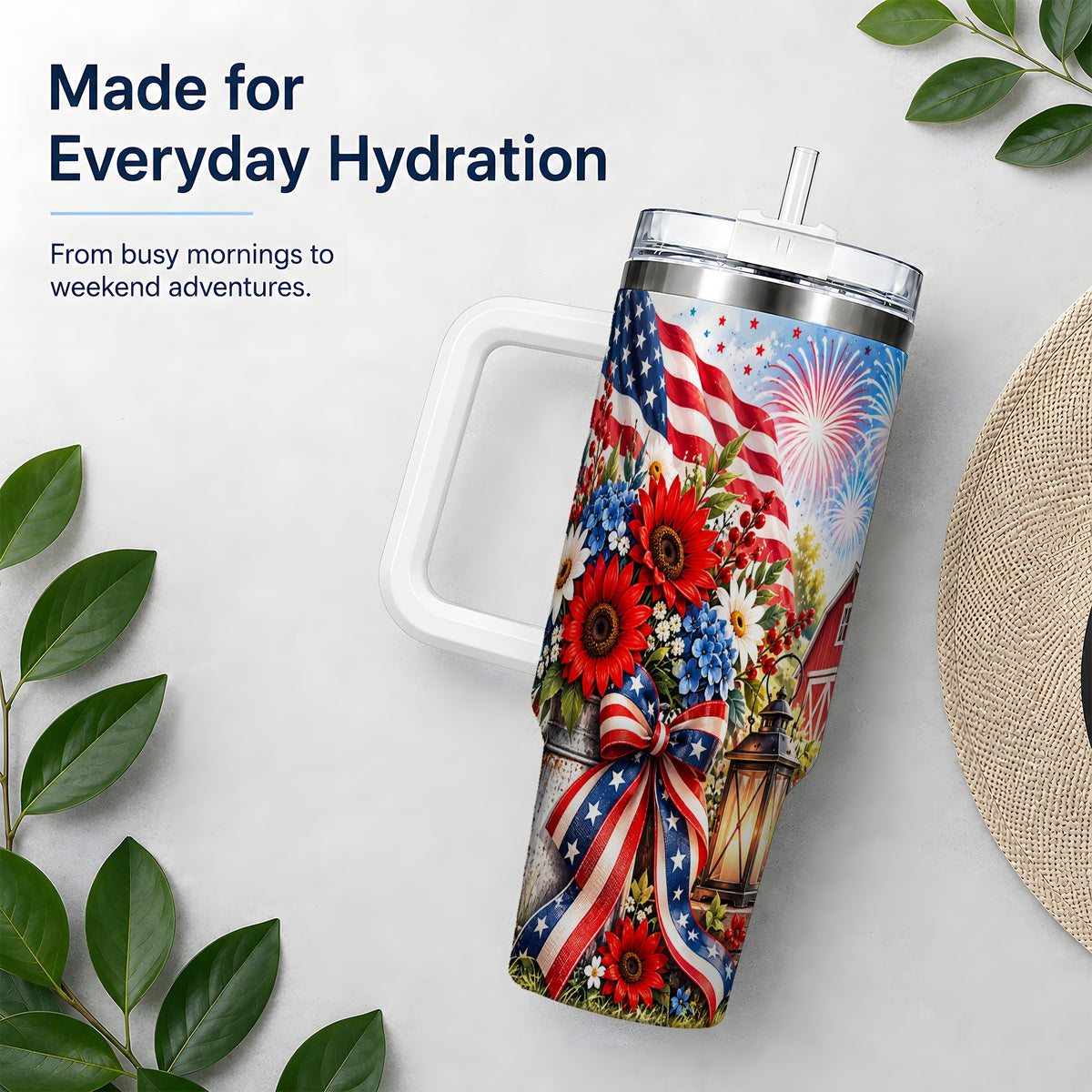 Patriotic Floral 40oz Tumbler, Stainless Steel Americana Drinkware