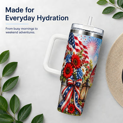Patriotic Floral 40oz Tumbler, Stainless Steel Americana Drinkware