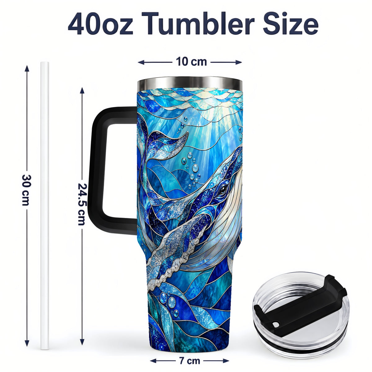 #pl[40oz|Black] Stained Glass Style Whale 40oz Tumbler, Stainless Steel Drinkware