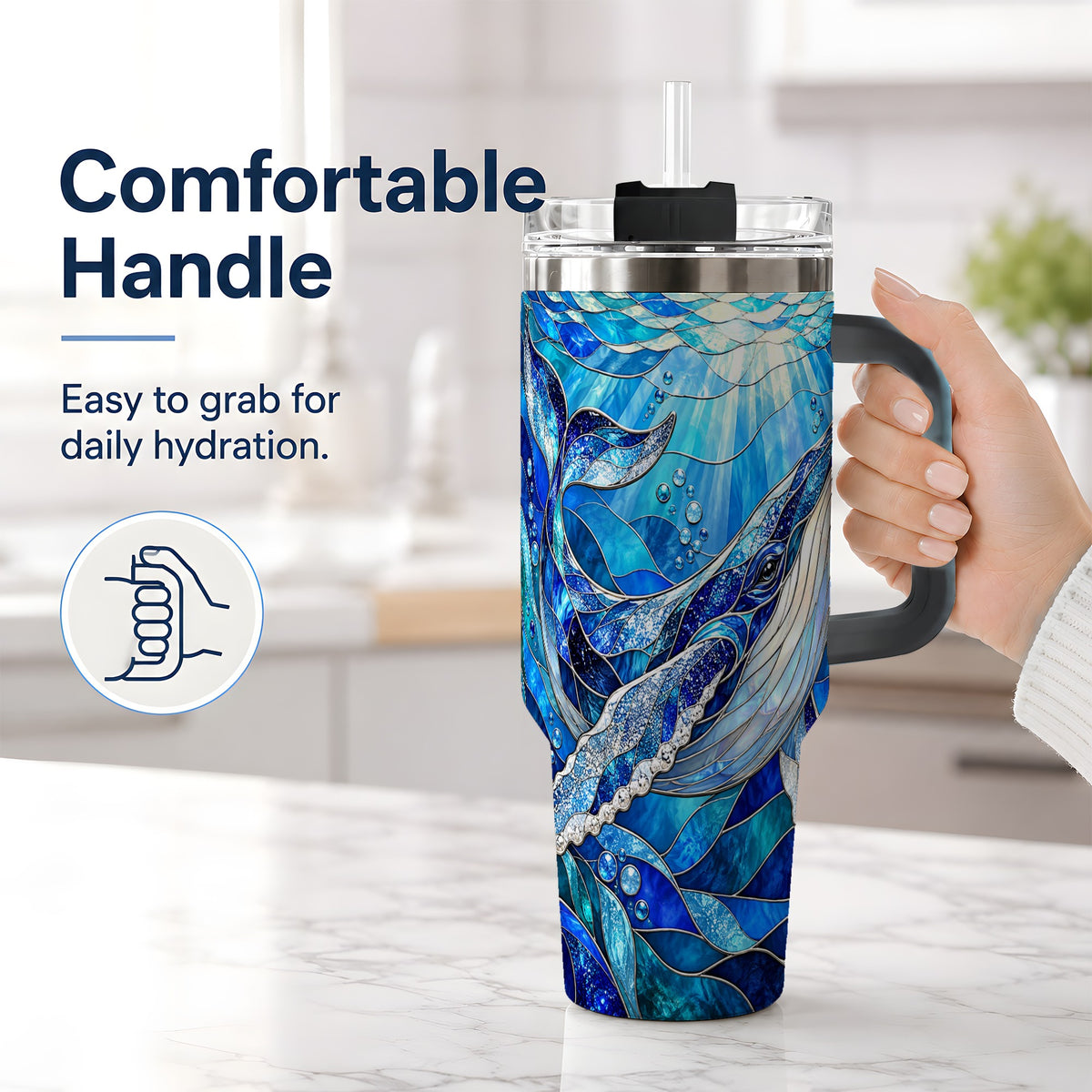 #pl[40oz|Black] Stained Glass Style Whale 40oz Tumbler, Stainless Steel Drinkware