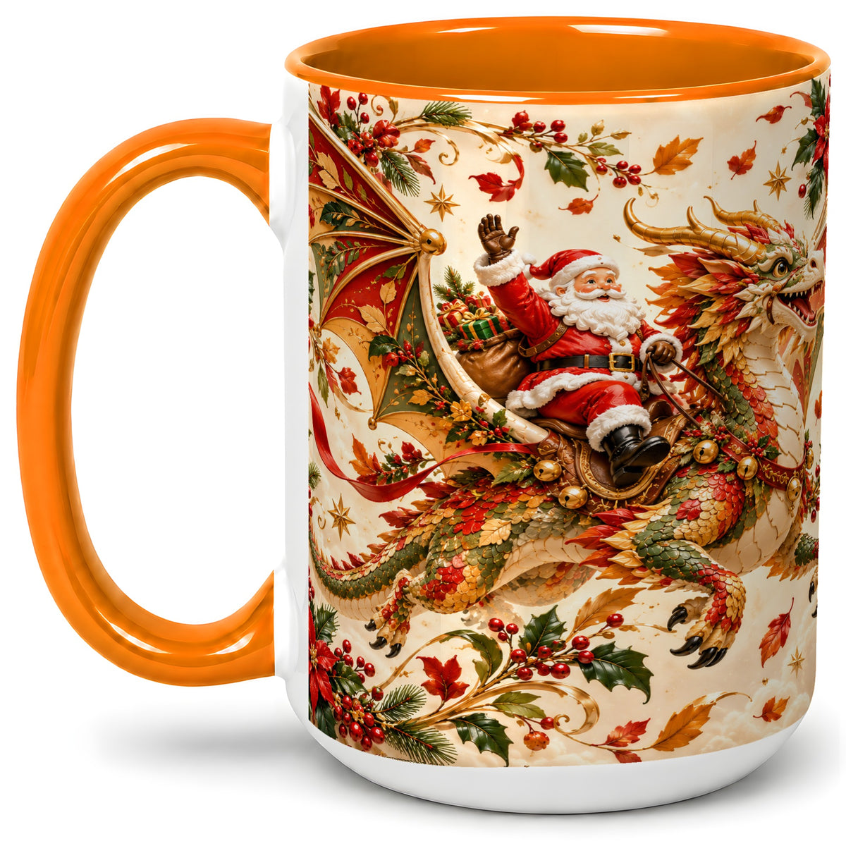 #pl[15oz|Orange] Santa Dragon Christmas Ceramic Mug, Festive Holiday Artwork