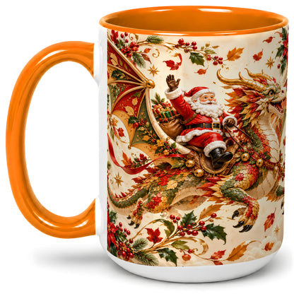 #pl[15oz|Orange] Santa Dragon Christmas Ceramic Mug, Festive Holiday Artwork