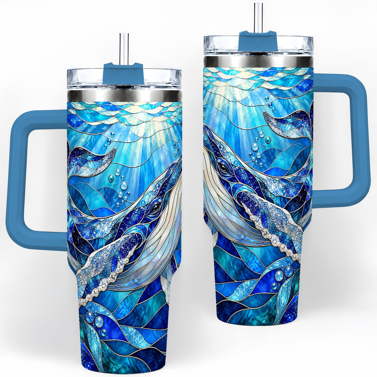 #pl[40oz|Blue] Stained Glass Style Whale 40oz Tumbler, Stainless Steel Drinkware
