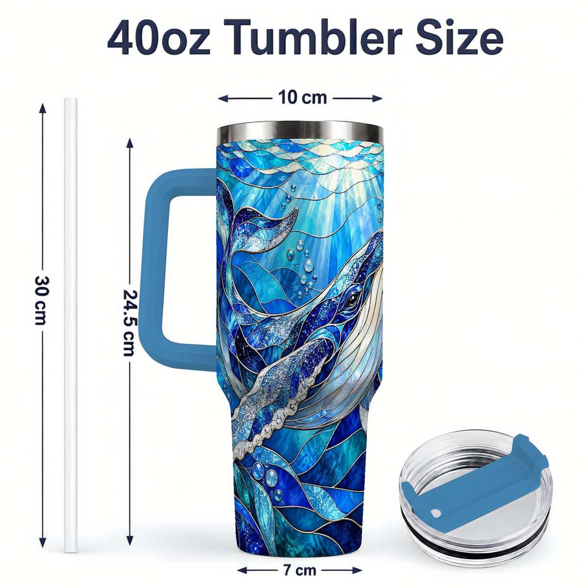 #pl[40oz|Blue] Stained Glass Style Whale 40oz Tumbler, Stainless Steel Drinkware
