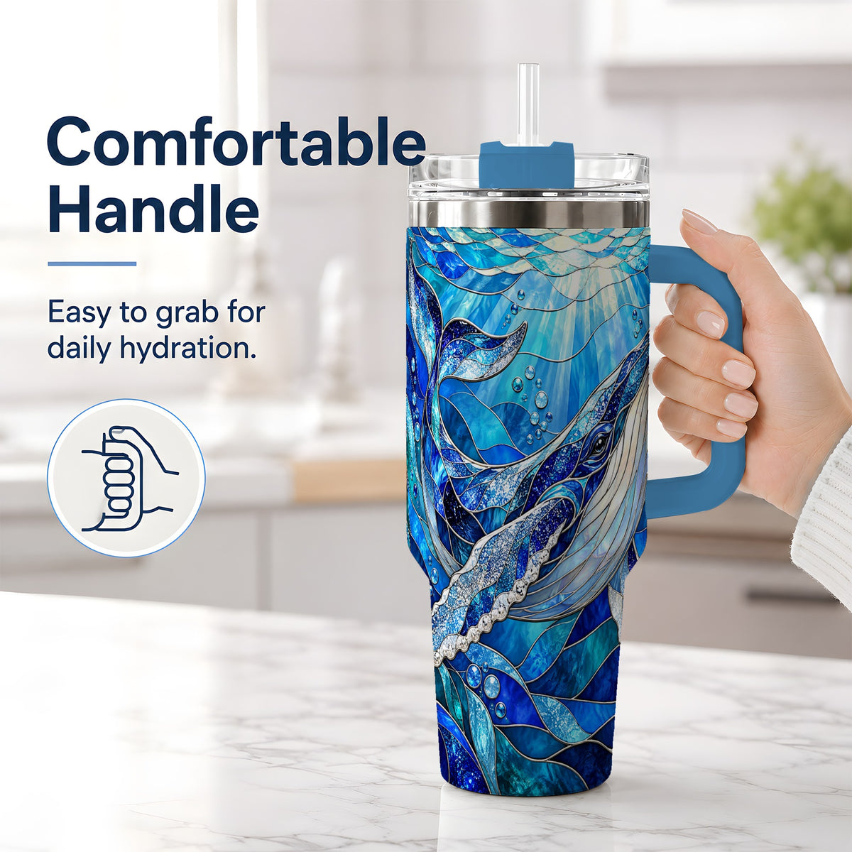 #pl[40oz|Blue] Stained Glass Style Whale 40oz Tumbler, Stainless Steel Drinkware