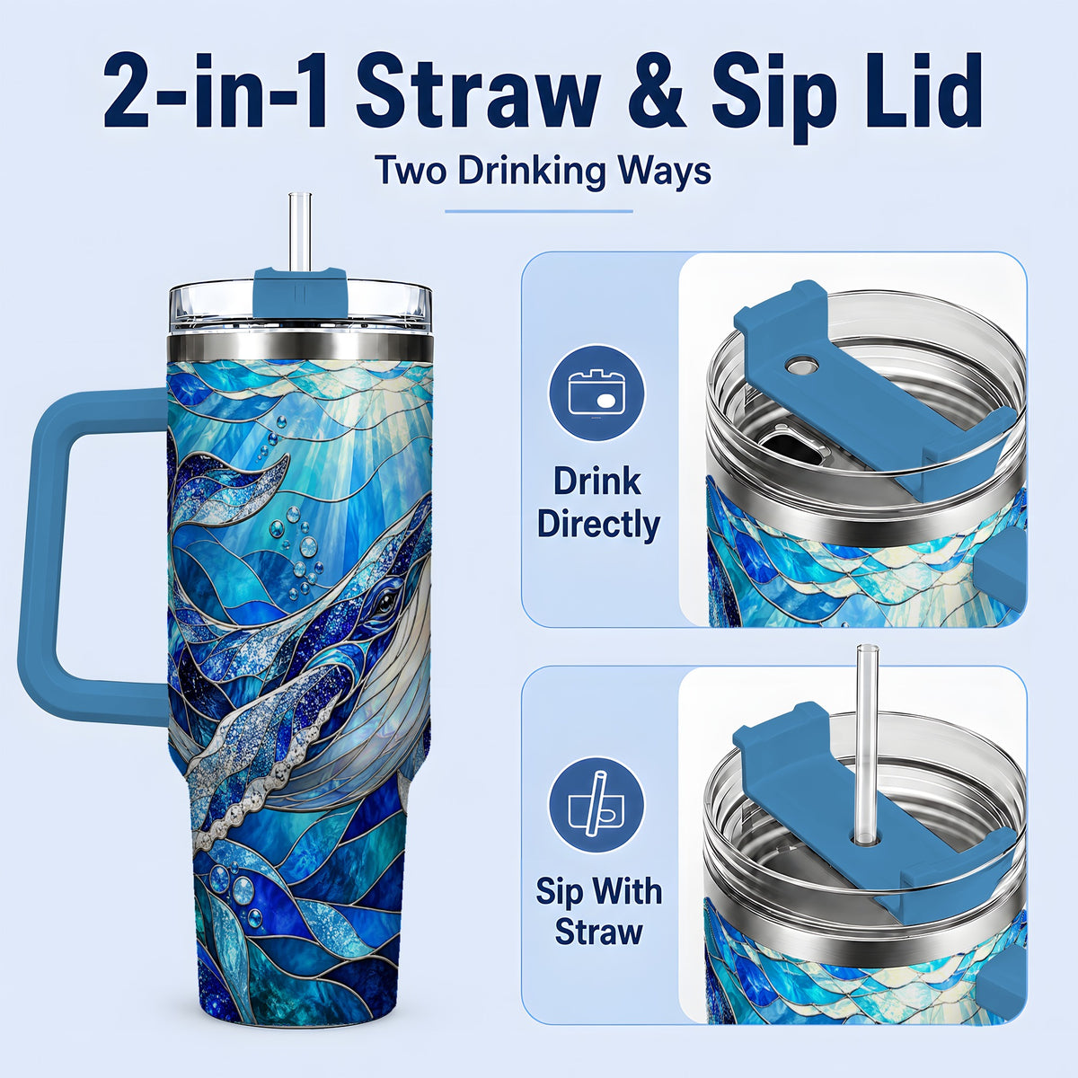 #pl[40oz|Blue] Stained Glass Style Whale 40oz Tumbler, Stainless Steel Drinkware