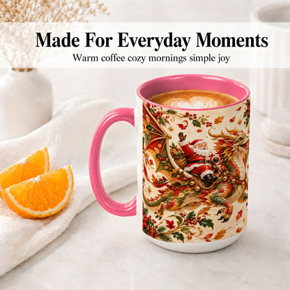 #pl[15oz|Pink] Santa Dragon Christmas Ceramic Mug, Festive Holiday Artwork