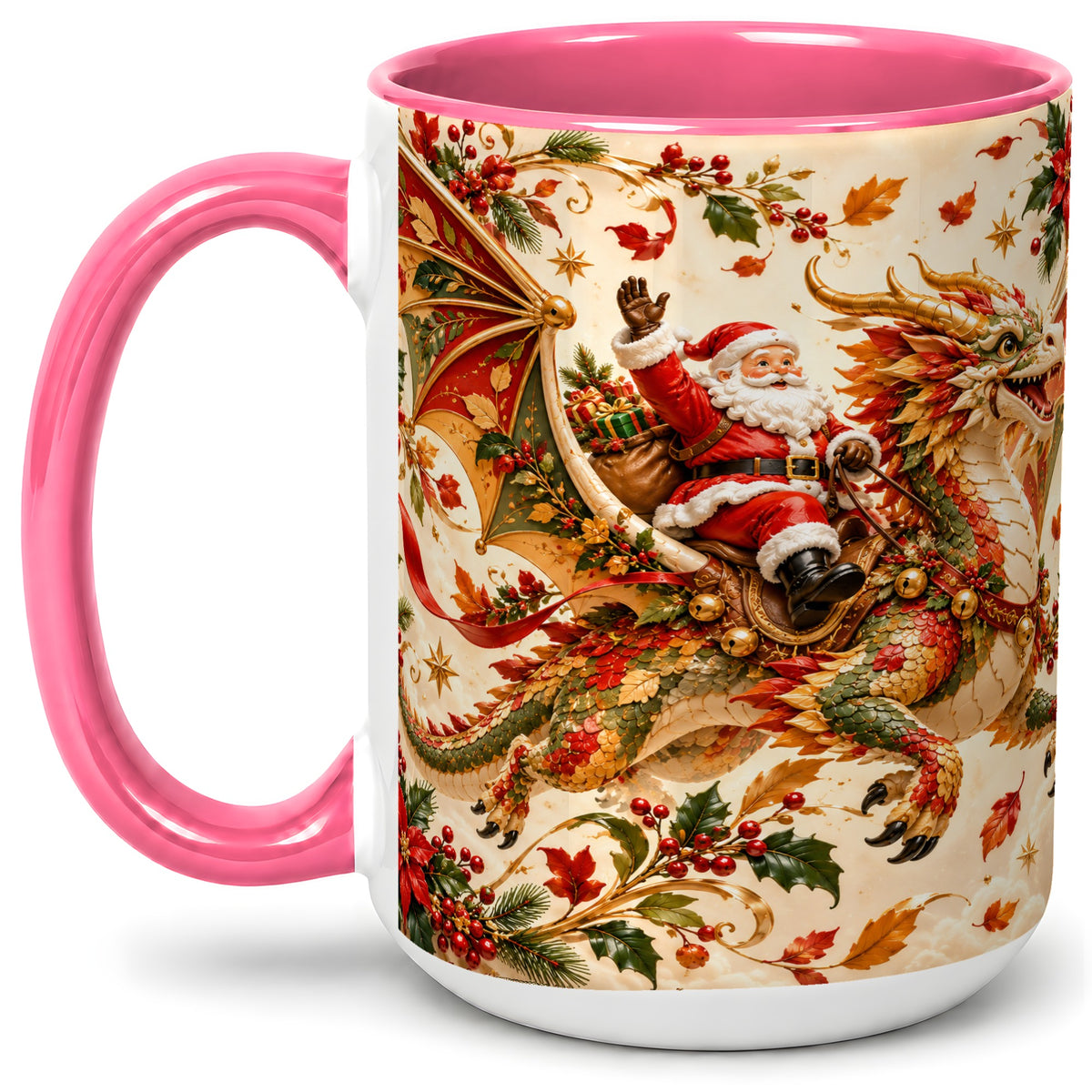 #pl[15oz|Pink] Santa Dragon Christmas Ceramic Mug, Festive Holiday Artwork