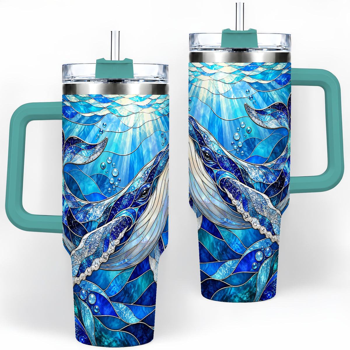 #pl[40oz|Green] Stained Glass Style Whale 40oz Tumbler, Stainless Steel Drinkware