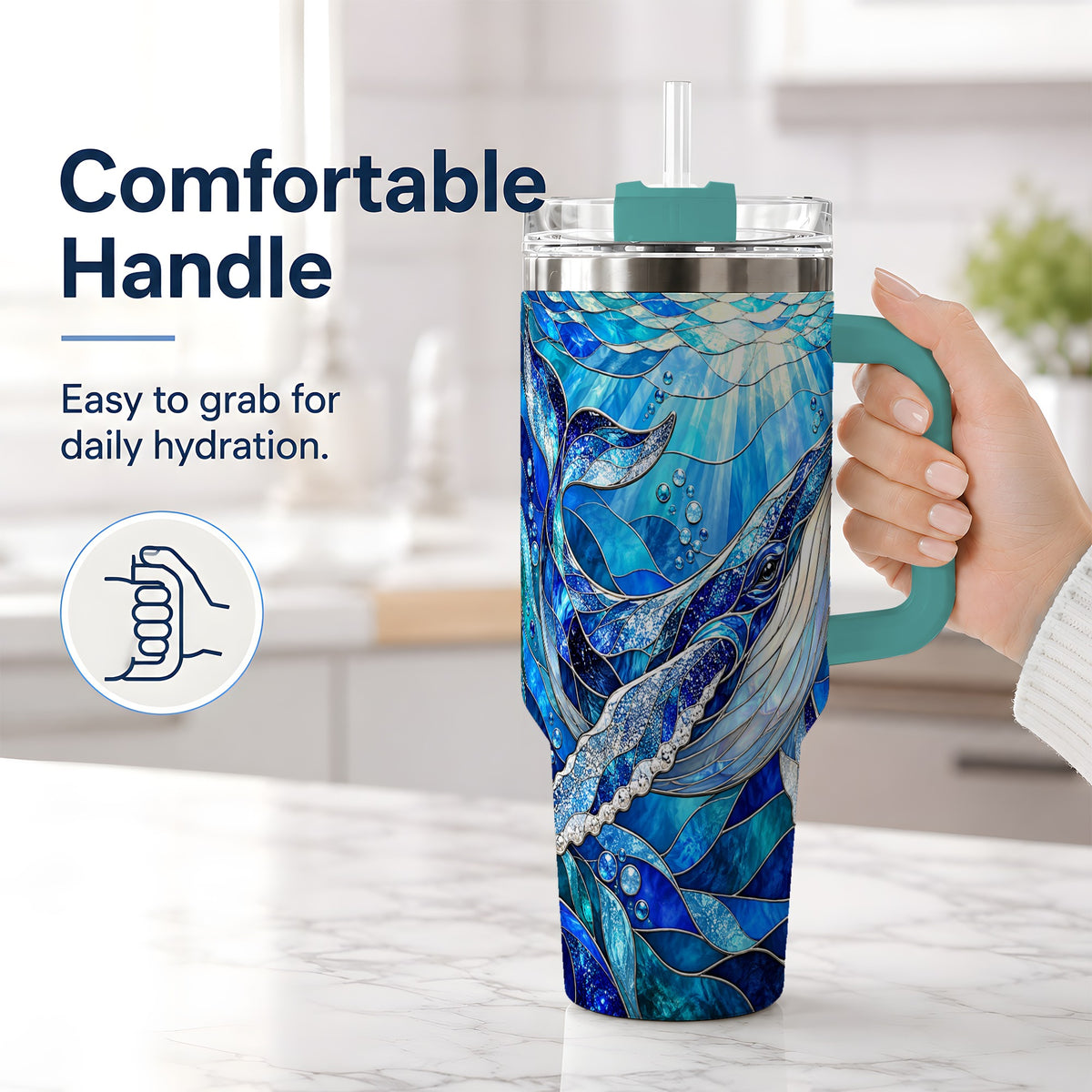 #pl[40oz|Green] Stained Glass Style Whale 40oz Tumbler, Stainless Steel Drinkware