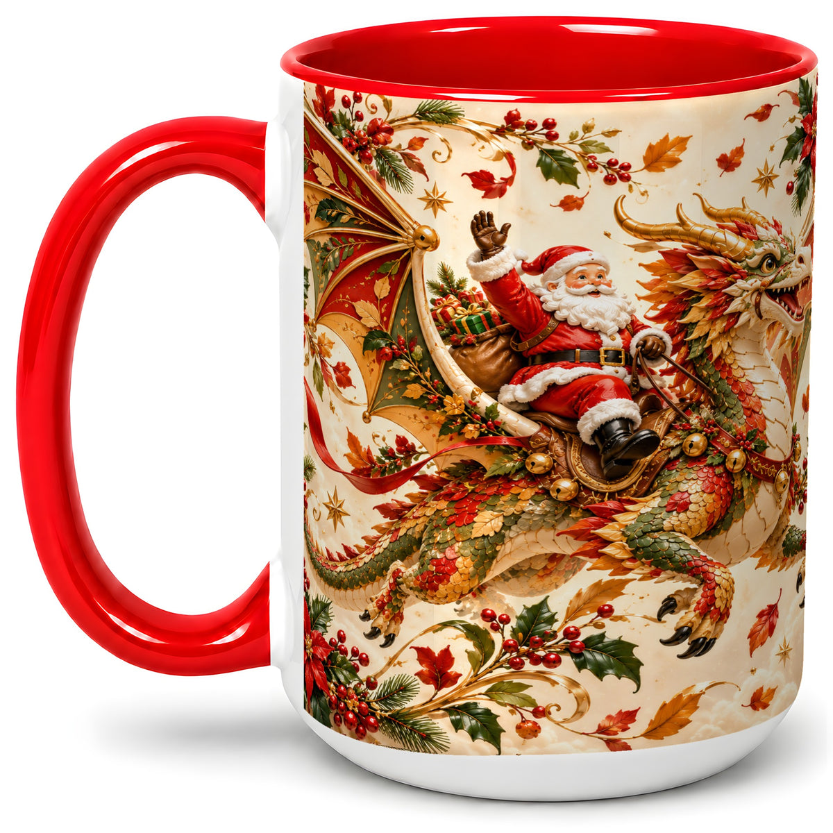 #pl[15oz|Red] Santa Dragon Christmas Ceramic Mug, Festive Holiday Artwork