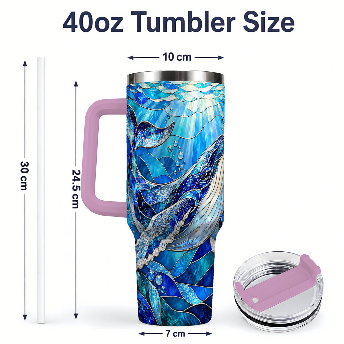 #pl[40oz|Pink] Stained Glass Style Whale 40oz Tumbler, Stainless Steel Drinkware
