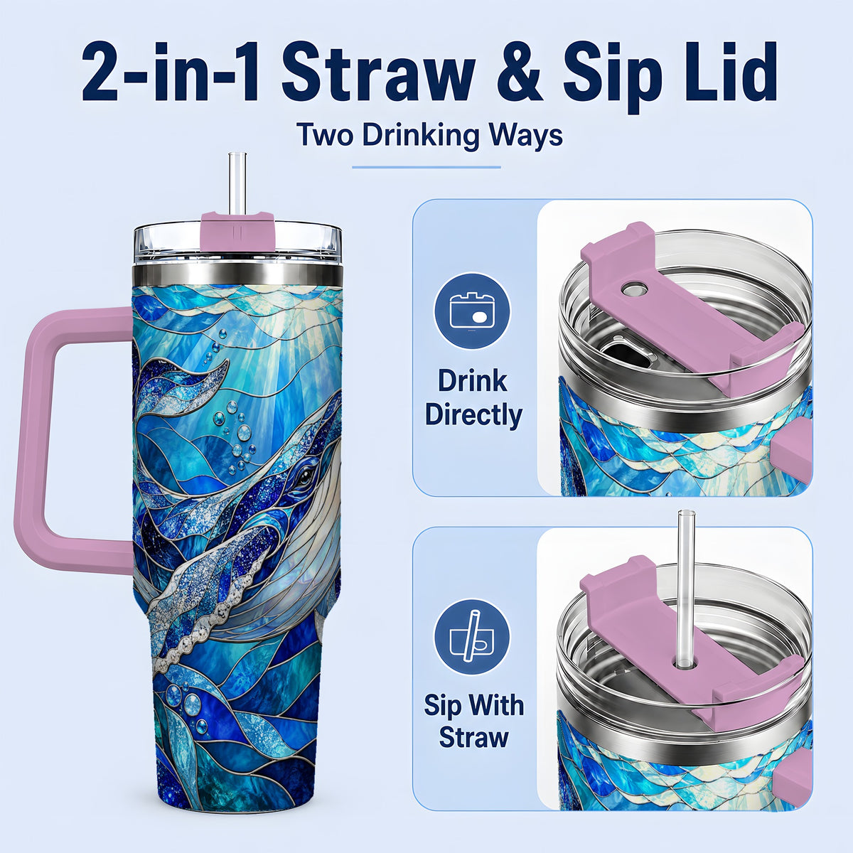 #pl[40oz|Pink] Stained Glass Style Whale 40oz Tumbler, Stainless Steel Drinkware
