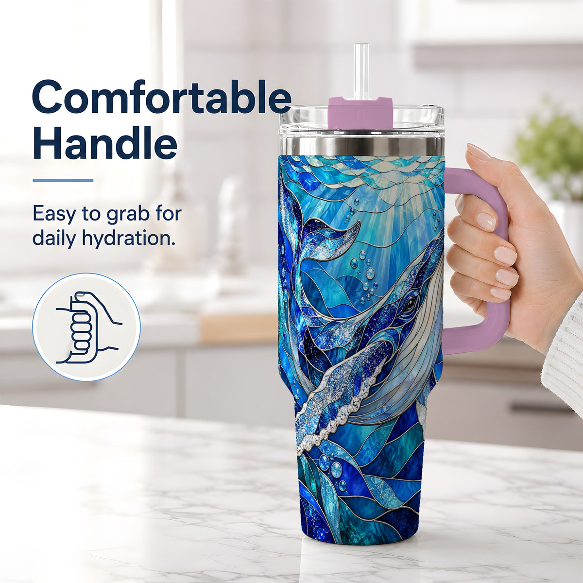 #pl[40oz|Pink] Stained Glass Style Whale 40oz Tumbler, Stainless Steel Drinkware