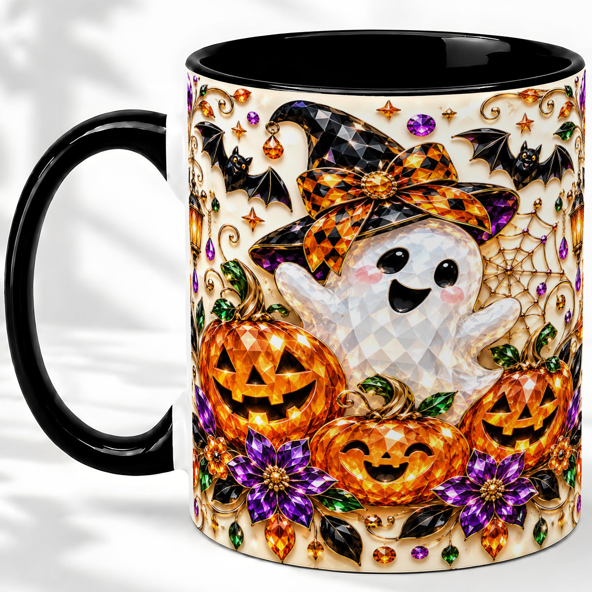 #pl[11oz|Black] Cute Ghost Halloween Ceramic Mug, Pumpkin Witch Hat Artwork