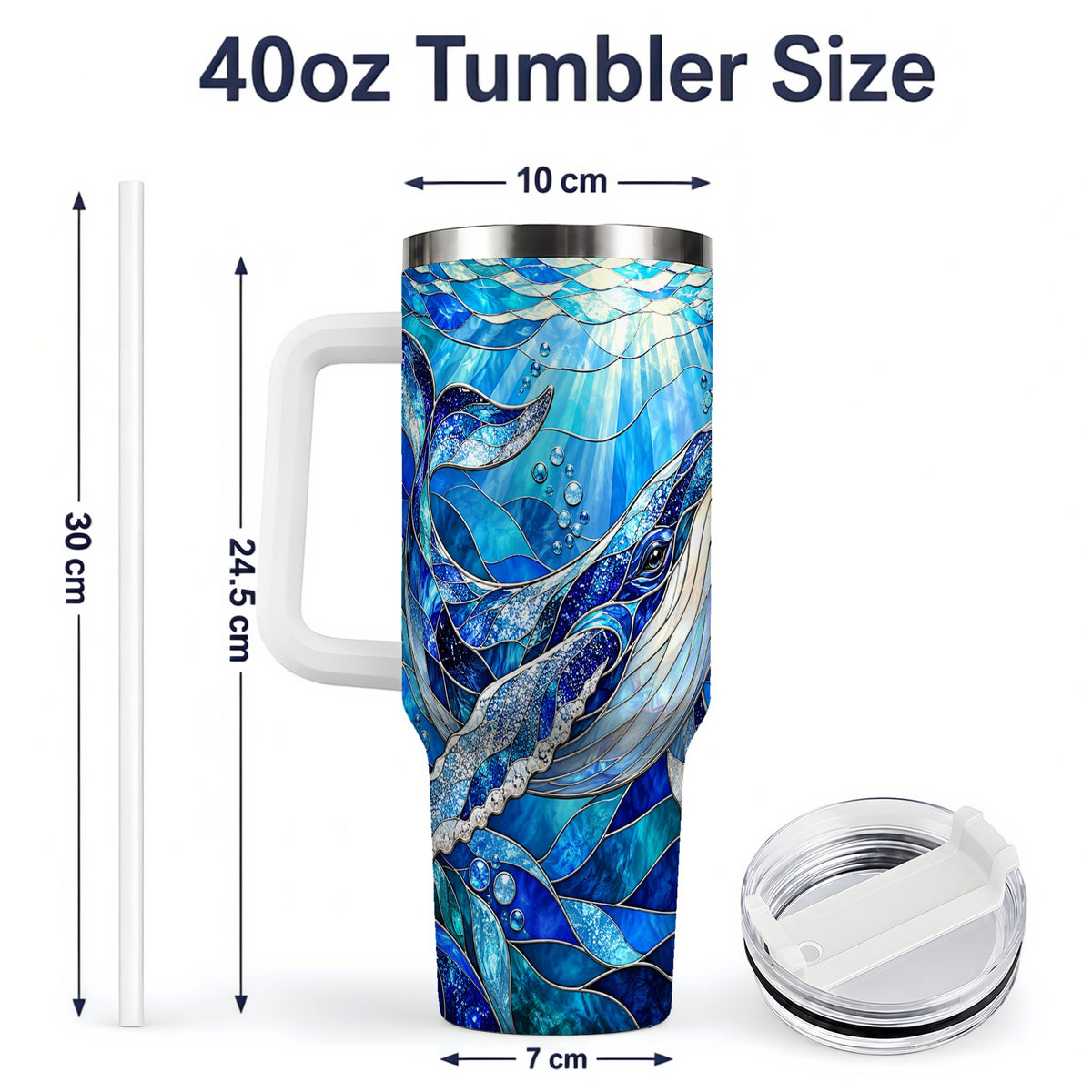 #pl[40oz|White] Stained Glass Style Whale 40oz Tumbler, Stainless Steel Drinkware
