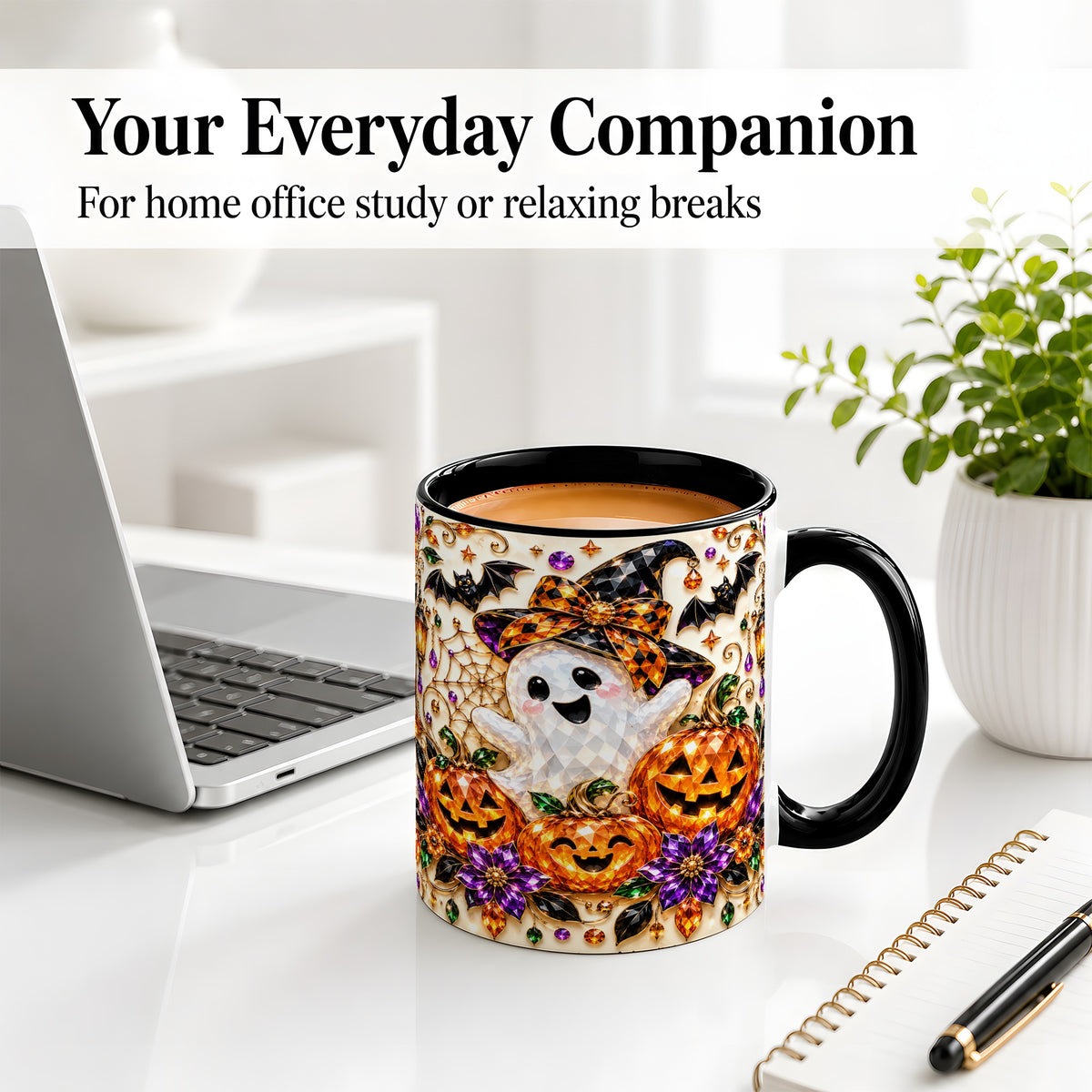 #pl[11oz|Black] Cute Ghost Halloween Ceramic Mug, Pumpkin Witch Hat Artwork