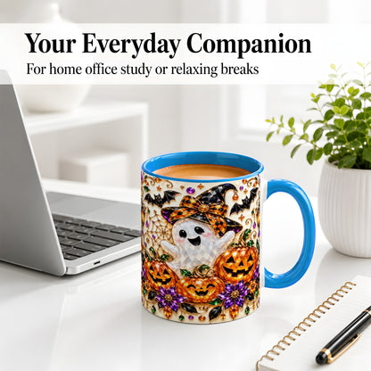 #pl[11oz|Blue] Cute Ghost Halloween Ceramic Mug, Pumpkin Witch Hat Artwork