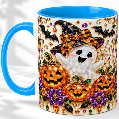 #pl[11oz|Blue] Cute Ghost Halloween Ceramic Mug, Pumpkin Witch Hat Artwork
