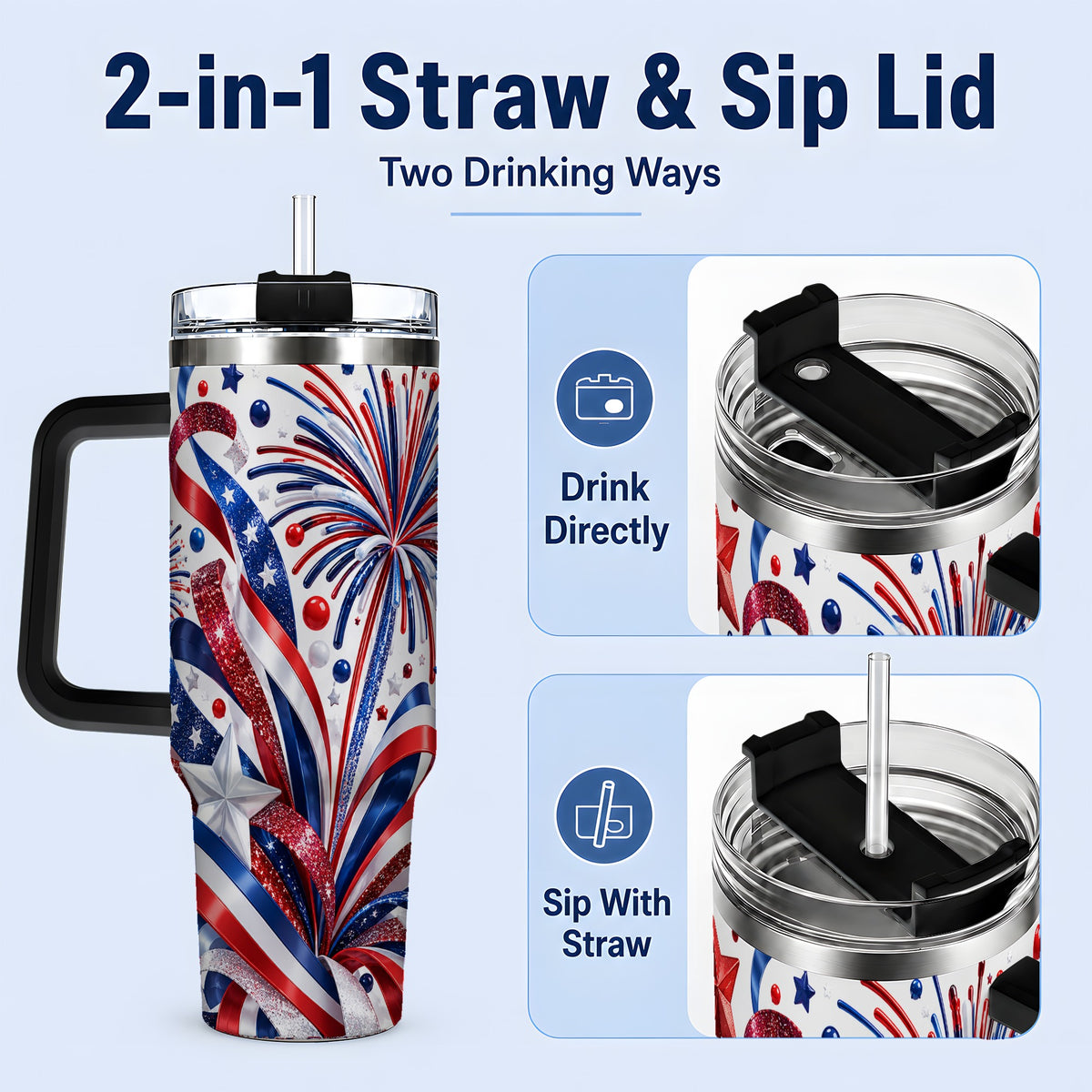 #pl[40oz|Black] Patriotic Fireworks 40oz Tumbler, Stainless Steel Star Drinkware