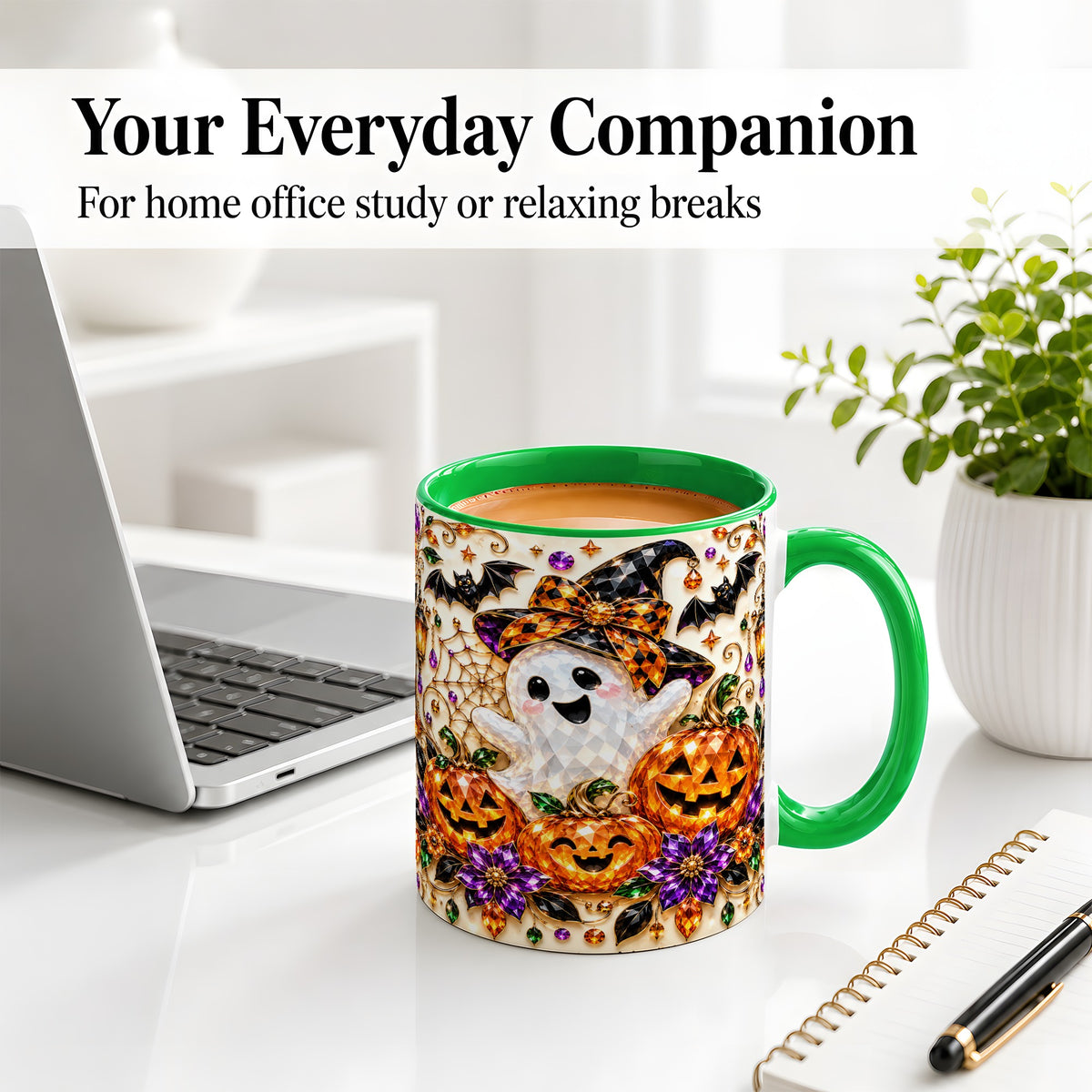 #pl[11oz|Green] Cute Ghost Halloween Ceramic Mug, Pumpkin Witch Hat Artwork