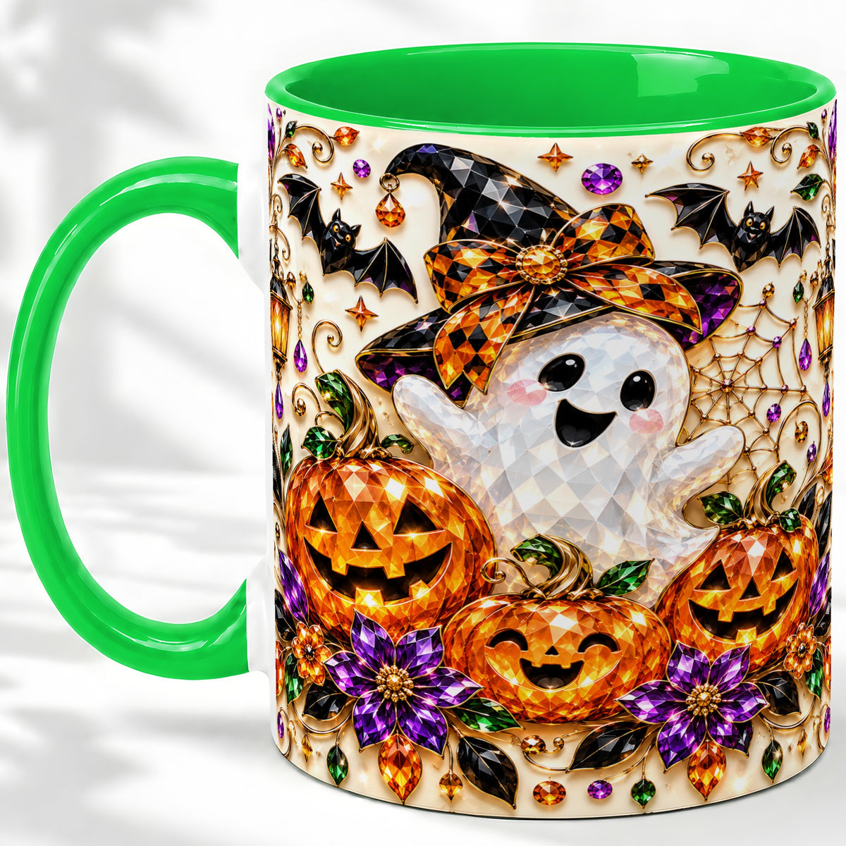 #pl[11oz|Green] Cute Ghost Halloween Ceramic Mug, Pumpkin Witch Hat Artwork