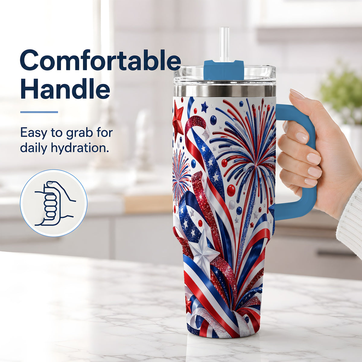 #pl[40oz|Blue] Patriotic Fireworks 40oz Tumbler, Stainless Steel Star Drinkware