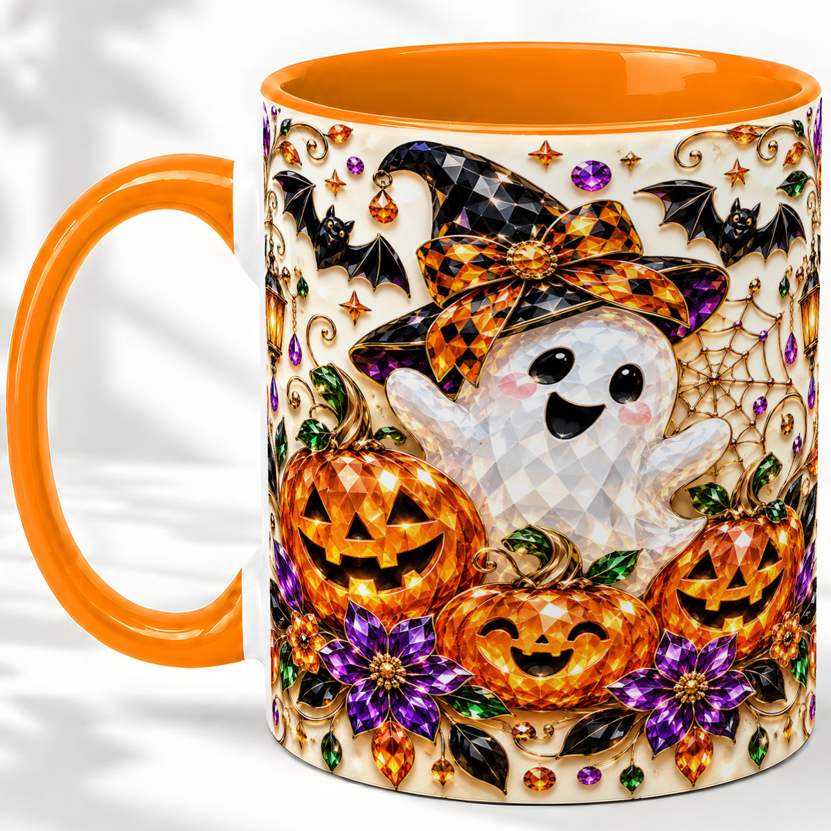#pl[11oz|Orange] Cute Ghost Halloween Ceramic Mug, Pumpkin Witch Hat Artwork