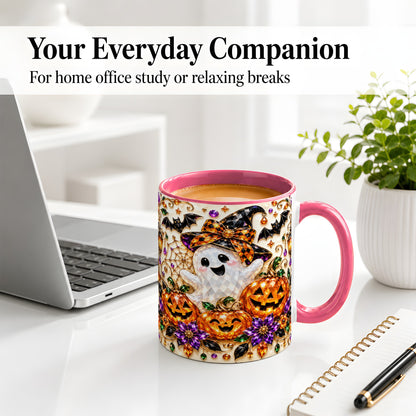 #pl[11oz|Pink] Cute Ghost Halloween Ceramic Mug, Pumpkin Witch Hat Artwork