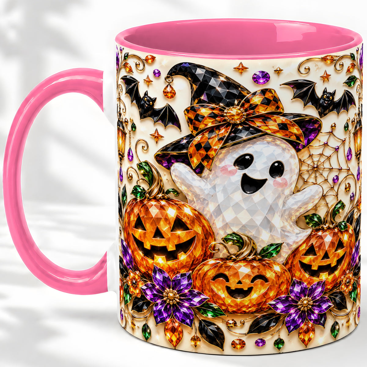 #pl[11oz|Pink] Cute Ghost Halloween Ceramic Mug, Pumpkin Witch Hat Artwork