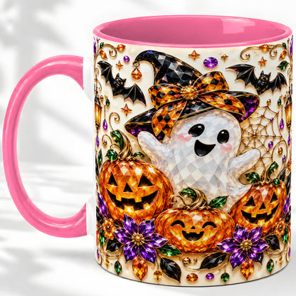 #pl[11oz|Pink] Cute Ghost Halloween Ceramic Mug, Pumpkin Witch Hat Artwork