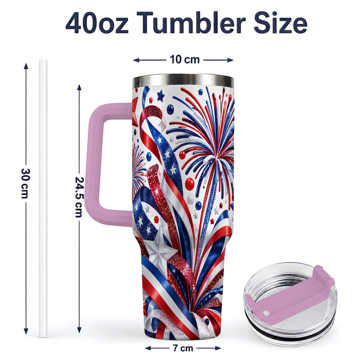 #pl[40oz|Pink] Patriotic Fireworks 40oz Tumbler, Stainless Steel Star Drinkware