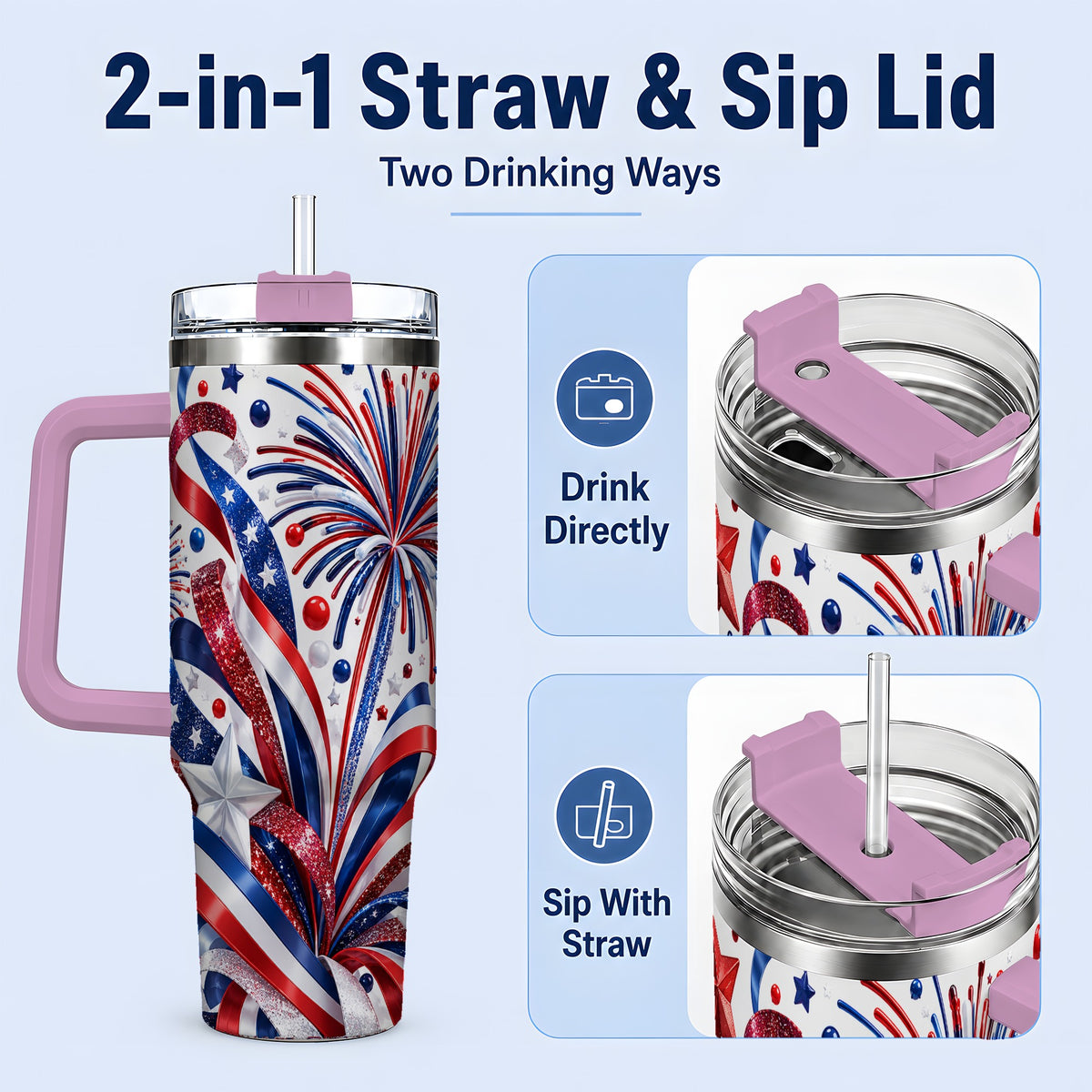 #pl[40oz|Pink] Patriotic Fireworks 40oz Tumbler, Stainless Steel Star Drinkware